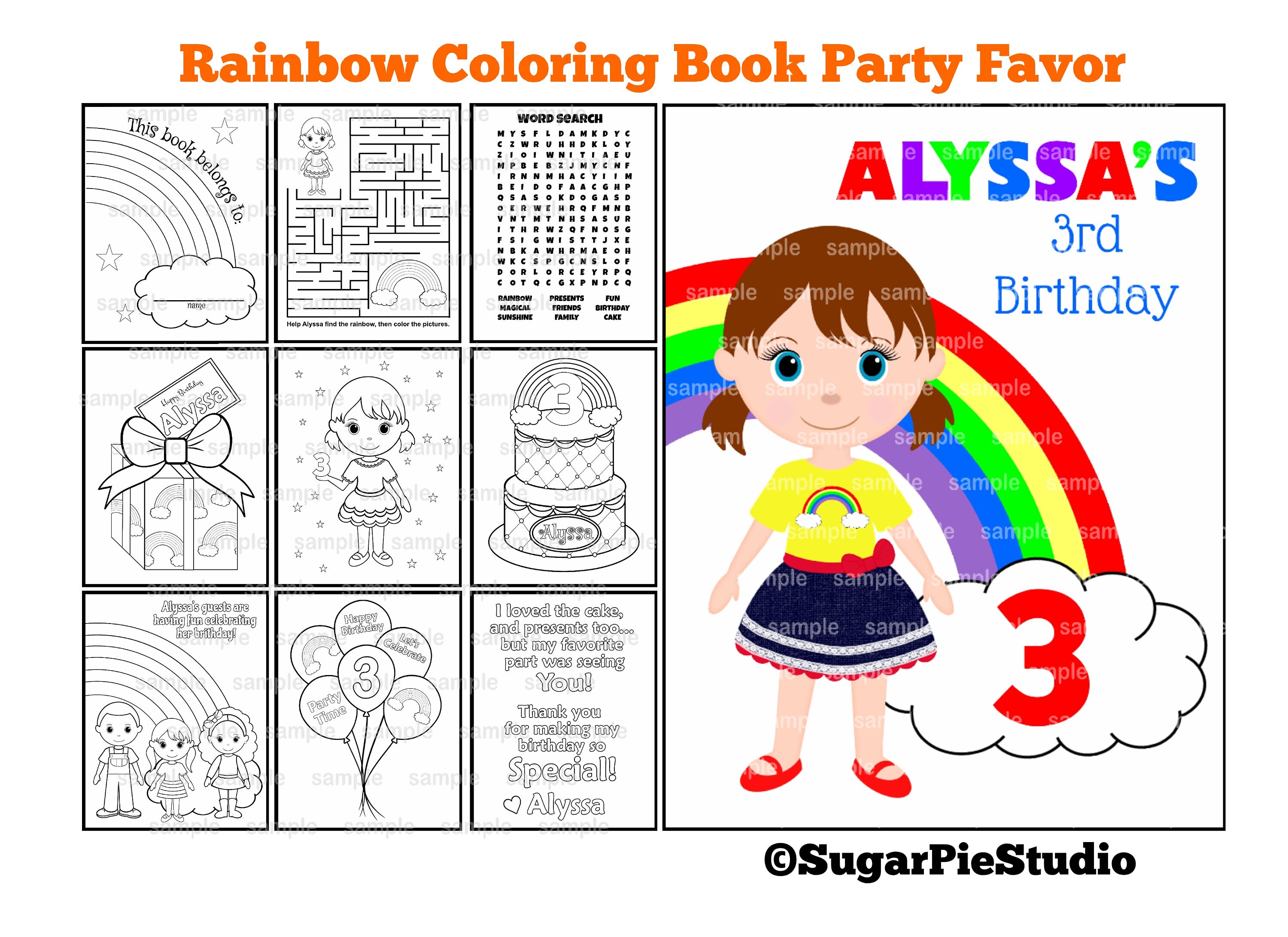 Download Rainbow Birthday coloring book Party Favor Kids coloring activity book PDF or JPEG TEMPLATE