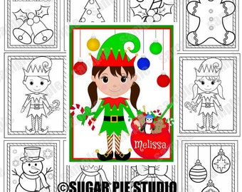 Elf Christmas Coloring book stocking stuffer party favor personalized 8.5x11 Pdf or Jpeg Printable