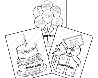 3 pack Personalized Printable Cake present balloons Birthday Party Favor childrens kids coloring pages activity PDF or JPEG file