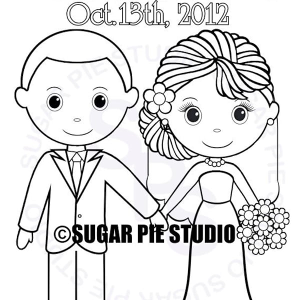 Personalized Printable Bride Groom  Wedding Party Favor childrens kids coloring page activity PDF or JPEG file