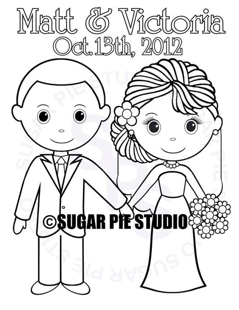 Personalized Printable Bride Groom Wedding Party Favor childrens kids coloring page activity PDF or JPEG file image 1