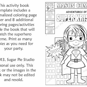 Superhero Birthday Party Favor Coloring Book Gift Personalized Printable Template Colouring Activity