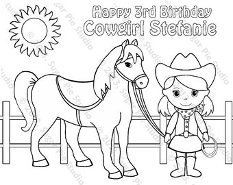 Personalized Printable Cowgirl Horse Birthday Party Favor childrens kids coloring page book activity PDF or JPEG file
