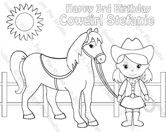 Personalized Printable Cowgirl Horse Birthday Party Favor childrens kids coloring page book activity PDF or JPEG file