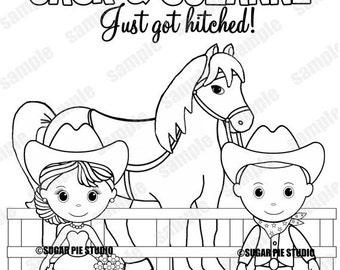 Country western farm  Wedding Party Favor childrens kids coloring page activity Personalized Printable PDF or Jpeg file