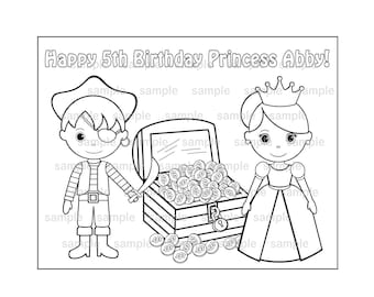 Personalized Princess and Pirate Coloring Page Birthday Party Favor Colouring Activity Sheet Personalized Printable Template