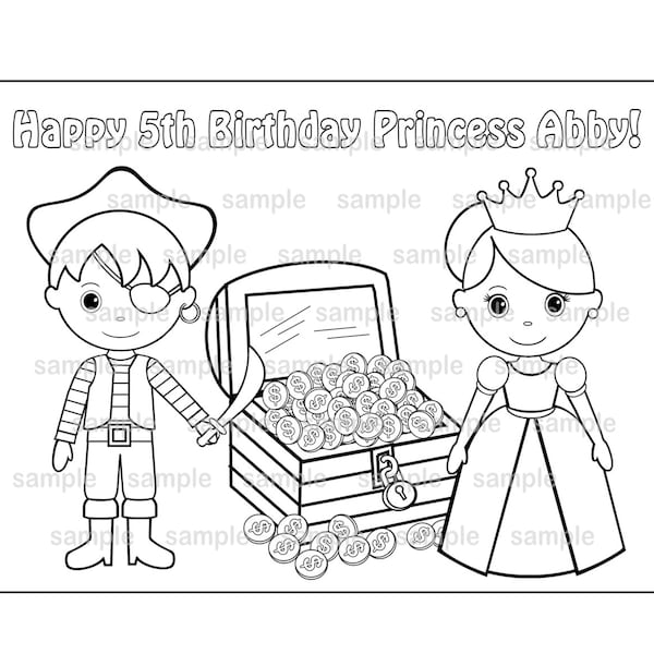 Personalized Princess and Pirate Coloring Page Birthday Party Favor Colouring Activity Sheet Personalized Printable Template