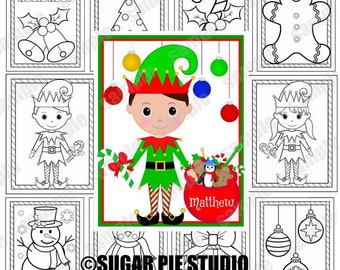 Elf Christmas Coloring book stocking stuffer party favor personalized 8.5x11 Pdf or Jpeg Printable
