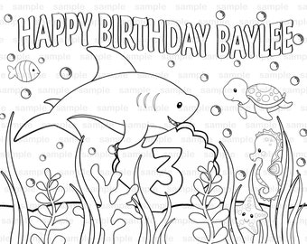 Personalized Printable  shark Under the sea  Birthday Party Favor childrens kids coloring page activity PDF or JPEG file