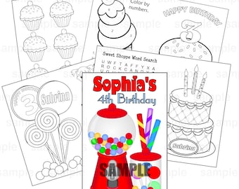 Printable Personalized Custom Sweet Shoppe Candy Favor Kids coloring activity goody bags PDF or JPEG TEMPLATE