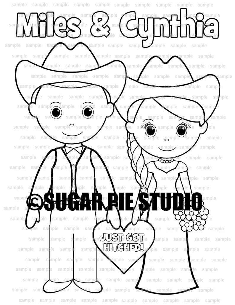 Country western Bride Groom Wedding Party Favor childrens kids coloring page activity Personalized Printable PDF or Jpeg file