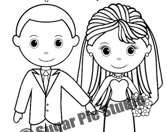 Personalized Printable Bride Groom  Wedding Party Favor childrens kids coloring page activity PDF or JPEG file