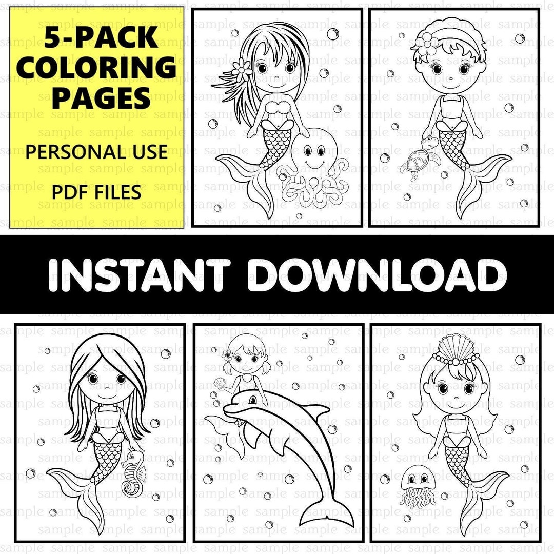 Mermaid birthday coloring page party favors activity 5 pack coloring