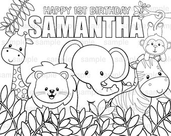 Jungle Safari Birthday Party Favor Kids Coloring Page Gift Colouring Activity Sheet Personalized Printable Template