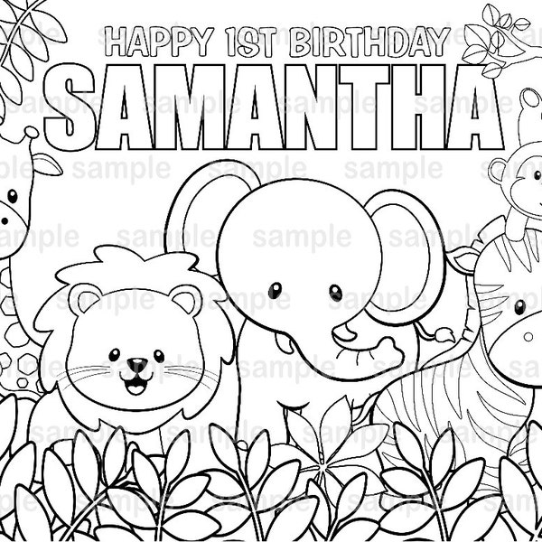 Jungle Safari Birthday Party Favor Kids Coloring Page Gift Colouring Activity Sheet Personalized Printable Template