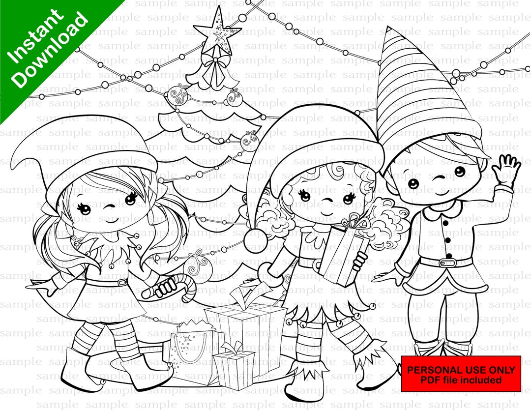 Christmas Elves Coloring Page Elf Colouring Sheet Instant Download PDF