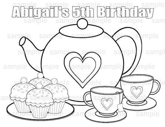 Printable Personalized Tea Party Birthday Party Favor Childrens Coloring Page Activity Pdf Or Jpeg File