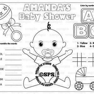 Baby shower coloring Page placemat 8.5x11 Childrens coloring page activity PDF or JPEG file