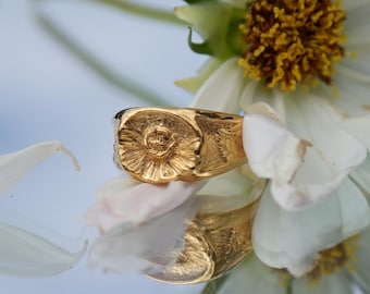 Peony Signet Ring: Sculptural Flower Ring for Women, Heavy Sterling Silver, Hand Engraved Petals, 24k Gold Plated, Statement Floral Ring