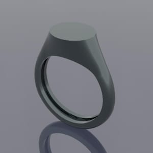 May include: A dark gray signet ring with a smooth, oval face. The ring has a rounded band and a polished finish, reflecting light. The ring's design is simple and modern, suitable for everyday wear.