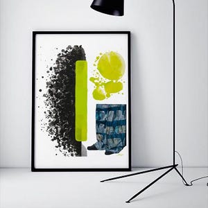 May include: Abstract art print in a black frame with a design of black splatters, a vertical neon green stripe, and a yellow circle with splatters. A black floor lamp with a conical shade is positioned nearby.
