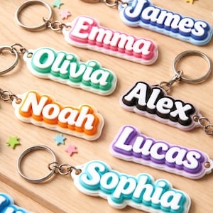 May include: A collection of colorful name keychains. Each keychain features a different name in a bold, white font with a contrasting border. Names include James, Emma, Olivia, Noah, Alex, Lucas, and Sophia. The keychains are on a light wooden surface.