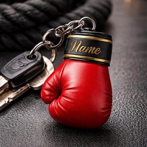 Könnte beinhalten: Ein roter Boxhandschuh-Schlüsselanhänger mit einem schwarzen Band mit dem Wort "Name" in goldener Schrift. Der Schlüsselanhänger ist an einem Schlüsselbund befestigt. Der Hintergrund ist dunkel und strukturiert.