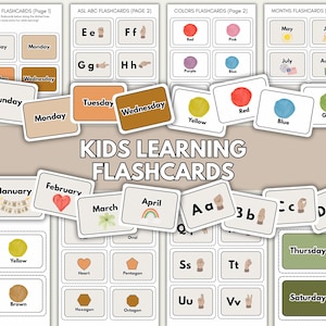 Puede incluir: Tarjetas didácticas para niños, con los días de la semana, el alfabeto ASL, los colores y los meses. Las tarjetas muestran palabras e imágenes, con el título "KIDS LEARNING FLASHCARDS".
