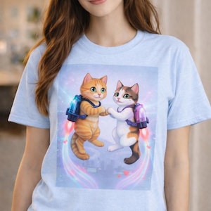 以下が含まれることがあります： 2匹の漫画の猫が手をつないでロケットブースター付きのバックパックを背負っているグラフィックが特徴のライトブルーのTシャツ。1匹の猫はオレンジ色、もう1匹は白と茶色です。背景には都市のシルエットとカラフルなストリークがあります。