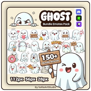 Op de afbeelding: Een verzameling spook-thema emotes met verschillende uitdrukkingen en poses. De afbeelding bevat de tekst "GHOST Bundle Emotes Pack" en "150+ Bundle Emotes". De maten zijn 112px, 56px en 28px.