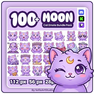 May include: A digital collection of 100+ Moon Cat Emote Bundle Pack graphics featuring a purple cat with a yellow crescent moon on its forehead. The set includes various expressions and activities like eating, sleeping, and gaming for online platforms.