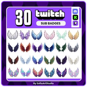 Puede incluir: Una colección de 30 insignias digitales de suscriptor de Twitch con temática de alas sobre un fondo morado. El conjunto presenta varios pares de alas en diversos colores, incluyendo blanco, morado, azul, rosa, verde, dorado, negro y galaxia.