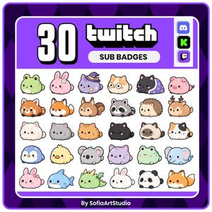 Può includere: Una collezione digitale di 30 badge per abbonati Twitch con vari animali in stile chibi, tra cui rane, conigli, gatti, volpi e un panda. Il display viola include il testo 30 twitch SUB BADGES e By SofiaArtStudio.