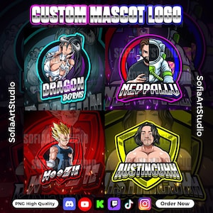May include: A digital art graphic featuring four custom mascot logos. The logos include a female anime character, a man in an astronaut helmet, a cartoon character, and a muscular man. The logos are set against colorful backgrounds with text that reads "CUSTOM MASCOT LOGO".