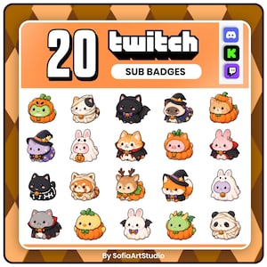 May include: A set of 20 digital Twitch sub badges featuring various cute animals in Halloween costumes, including pumpkins, ghosts, mummies, and bats. The graphic includes the text 20 twitch SUB BADGES and icons for Discord, Kick, and Twitch platforms.