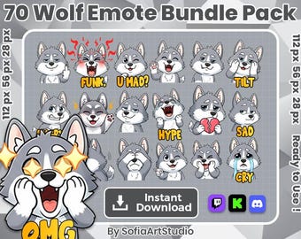 70 Wolf Emotes + 6 Animated | Kawaii Animal Emoji Set | Twitch & Discord | Digital Download
