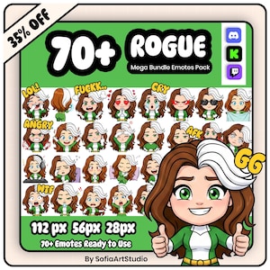 May include: A digital art graphic featuring a green and white Rogue character with various facial expressions. The image includes text that reads "70+ ROGUE Mega Bundle Emotes Pack" and "70+ Emotes Ready to Use". The image also includes the text "35% OFF".