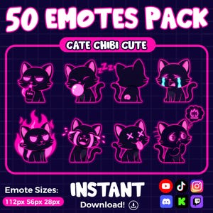 May include: A digital art graphic featuring a collection of black cat emotes with pink accents. The text reads "50 Emotes Pack" and "Cate Chibi Cute". The image also includes the text "Instant Download!"