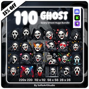May include: A digital bundle of 110 ghost character emotes featuring various expressions and actions, including holding knives, crying, partying, and wearing headphones. The text reads 110 GHOST Scary Ghost Huge Bundle, 55% OFF, and By SofiaArtStudio.