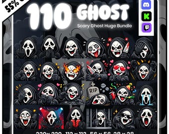 May include: A digital bundle of 110 ghost character emotes featuring various expressions and actions, including holding knives, crying, partying, and wearing headphones. The text reads 110 GHOST Scary Ghost Huge Bundle, 55% OFF, and By SofiaArtStudio.