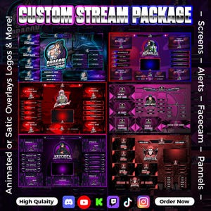 Puede incluir: Un diseño gráfico digital para un "Custom Stream Package" con superposiciones animadas, logotipos y más. El diseño incluye varias pantallas, alertas, cámara facial y paneles en un esquema de color oscuro con texto como "Starting", "Ending" e iconos de redes sociales.