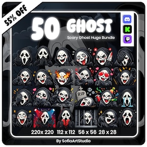 May include: A digital art bundle featuring 50 ghost-themed emojis with various expressions. The ghosts wear black hooded cloaks and white masks with different facial expressions. The image includes the text "50 GHOST Scary Ghost Huge Bundle" and "55% OFF".