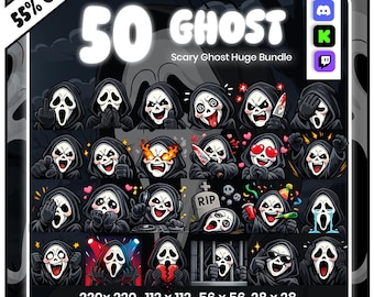 Op de afbeelding: Een digitale kunstbundel met 50 griezelige spook-emoji's, elk met een andere uitdrukking. De spoken dragen zwarte capes en witte maskers. De tekst bevat "50 GHOST Scary Ghost Huge Bundle" en "55% OFF".