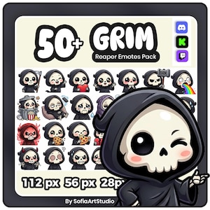 May include: A digital collection of 50+ Grim Reaper emotes featuring a variety of expressions and actions, including holding a scythe, eating pizza, crying, and winking. The pack includes icons for Discord, Kick, and Twitch platforms.
