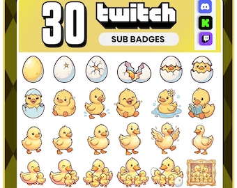 May include: A digital graphic featuring 30 Twitch sub badges with a yellow and white theme. The badges depict eggs hatching and yellow ducklings in various poses, including swimming and reading. The text "30 Twitch Sub Badges" is displayed at the top.