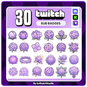 Puede incluir: Gráfico digital con 30 insignias de suscripción de Twitch con temática floral. Las insignias son de varios tonos de morado y presentan diferentes diseños de hortensias. La palabra "Twitch" está en letras blancas, con "SUB BADGES" debajo.