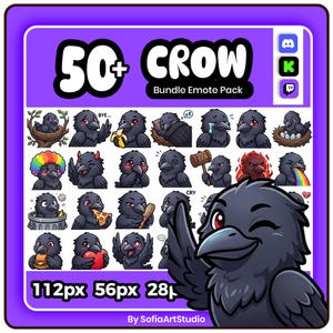 May include: A digital art bundle featuring over 50 crow-themed emotes. The emotes showcase various expressions and actions, including sleeping, crying, and holding a hammer. The image also displays the text "CROW Bundle Emote Pack" and size options.