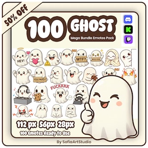 May include: A digital art pack featuring 100 ghost-themed emotes. The image includes various ghost illustrations with different expressions and actions, such as holding a heart, playing music, and displaying text bubbles. The text reads "100 GHOST Mega Bundle Emotes Pack".