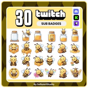 Könnte beinhalten: Eine digitale Sammlung von 30 Twitch-Abonnenten-Abzeichen mit gelb-schwarzen Bienen in verschiedenen Posen, darunter Bienen mit Honiggläsern, Waben und Blumen. Der Text lautet 30 twitch SUB BADGES und By SofiaArtStudio mit Symbolen.