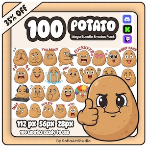 May include: A digital art graphic featuring 100 potato-themed emotes with various expressions, including angry, happy, and confused. The text reads "100 POTATO Mega Bundle Emotes Pack" with size specifications. A large potato character gives a thumbs up.